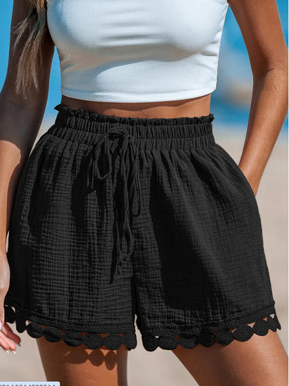 DIDE | Katoenen Short met Kanten Afwerking – Zomershort Dames met Strikband