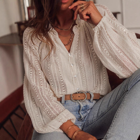PARIS | Witte Gehaakte Blouse met Knoopsluiting – Boho Chic Stijl voor Elke Gelegenheid
