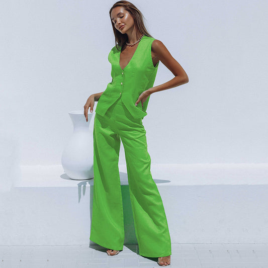HAILEY | Two-Piece Set – Mouwloos Gilet & Wide-Leg Broek voor een Statement Zomerlook