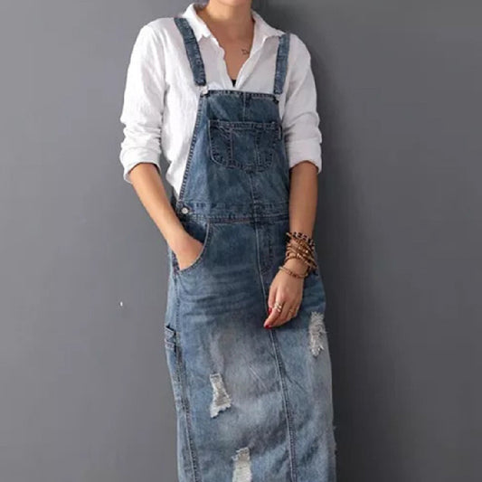 COCO | Denim Tuinjurk met Slijtagedetails – Casual & Stoer