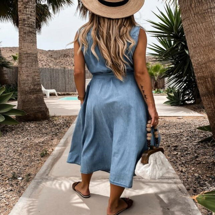 LOENA | Mouwloze Denim Jurk Dames met Strikceintuur – Katoenen Spijkerjurk