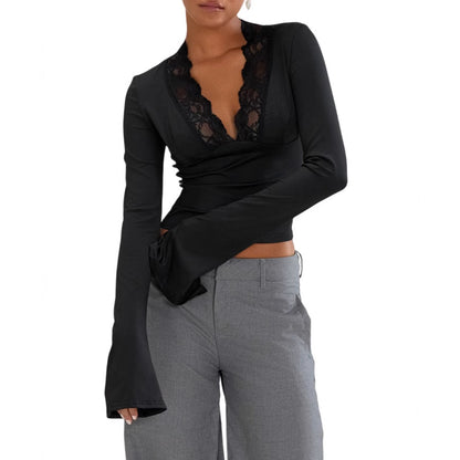 LIVIA | Top met Kant – Sexy V-Hals Longsleeve met Flared Mouwen
