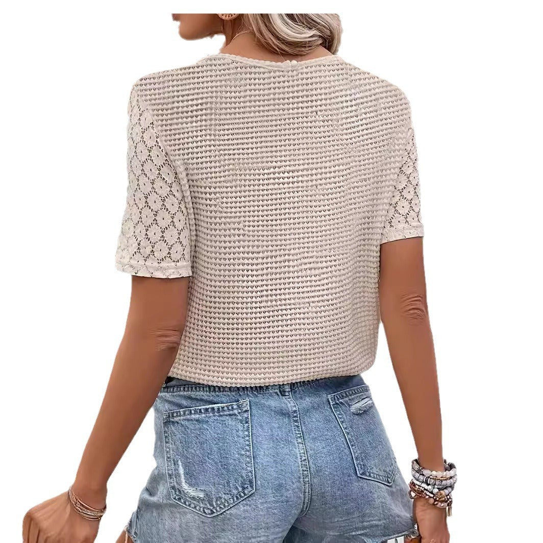 NOVI | Zomerse V-Hals Top met Kanten Mouwen – Casual Chic Dames Top