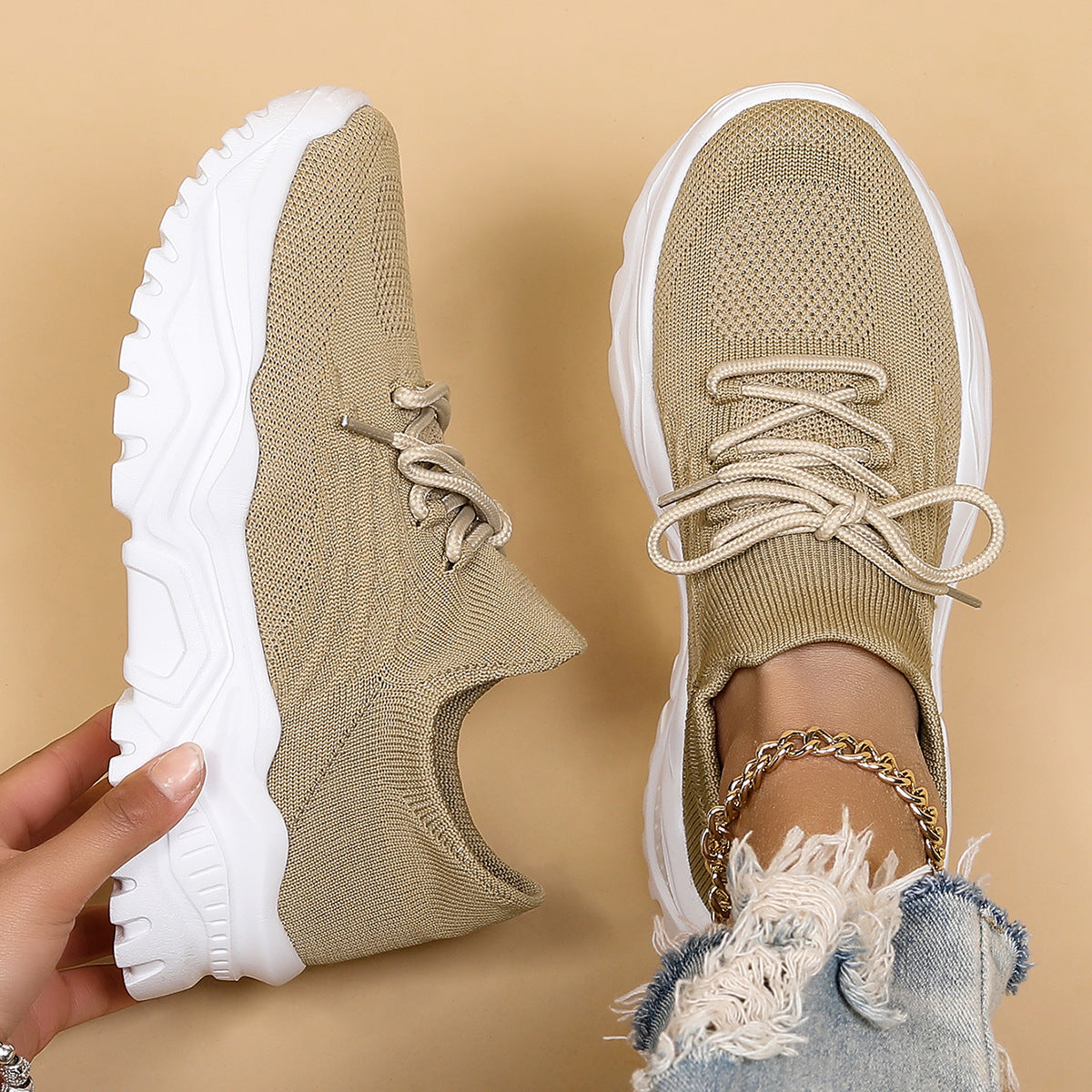 CLAUDINE | Chunky Sneakers Dames met Knit Detail – Comfortabele Urban Schoenen