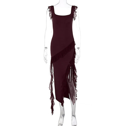 KATY | Ruffle Split Maxi Jurk – Speelse Elegantie met Ruches