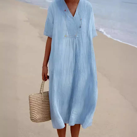 POLIEN | Luchtige Linnenlook Strandjurk Dames – Korte Mouwen & Losvallend Model