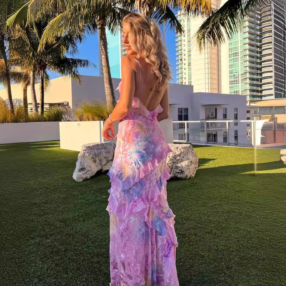 ANNABELLE | Maxi Zomerdress in Tie-Dye Pastel met Ruffles – Strandjurk met Open Rug