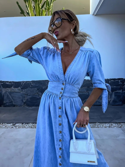 FELICIA | Denim Maxi Jurk – Casual Chic met Knopen & Strikmouwen