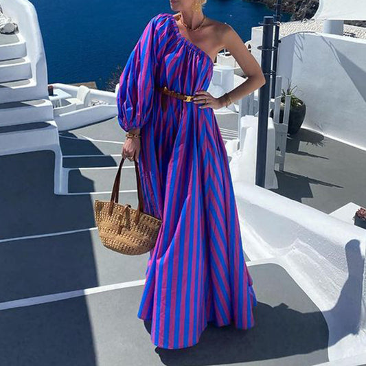 ROSELINE | One Shoulder Maxi Jurk – Stijlvolle Strepen & Zomerse Flair