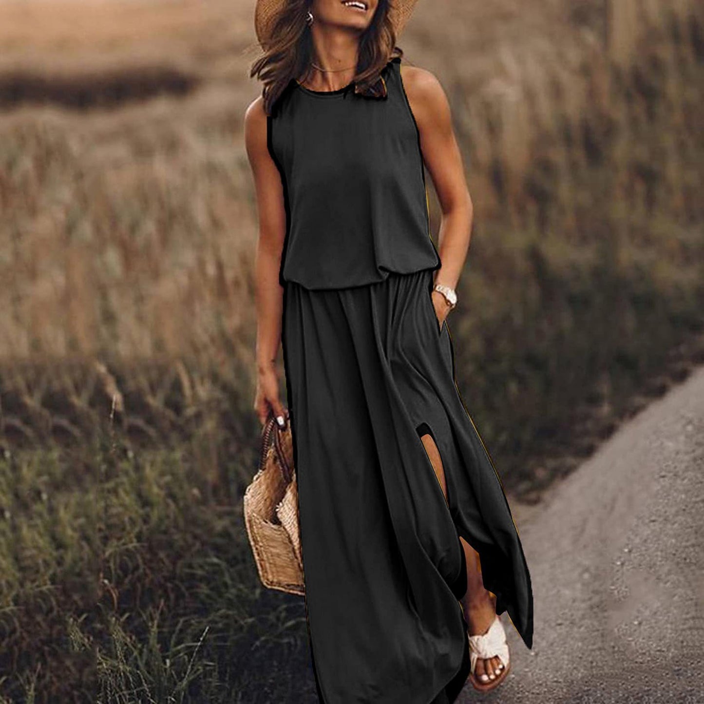 ZENDAYA | Mouwloze Maxi Jurk met Split – Casual Zomerjurk met Pockets