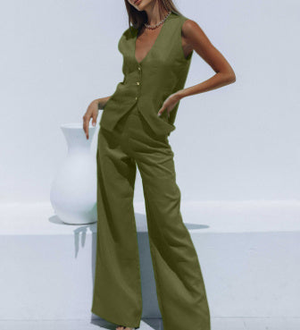 HAILEY | Two-Piece Set – Mouwloos Gilet & Wide-Leg Broek voor een Statement Zomerlook