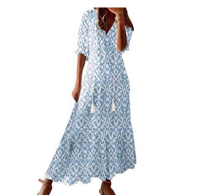 LIESE | Bohemian Maxi Jurk Dames – Zomerjurk met Print, V-Hals en Kwastjes