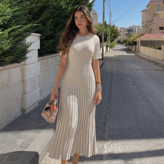 MAÏA | Rib Plissé Jurk Dames met Korte Mouwen – Tijdloze Midi Jurk Elegant & Comfortabel
