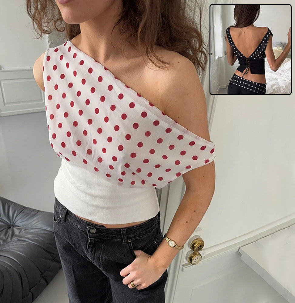 TRACY | Polkadot Crop Top Dames – Off-Shoulder Top met Open Rug en Vetersluiting