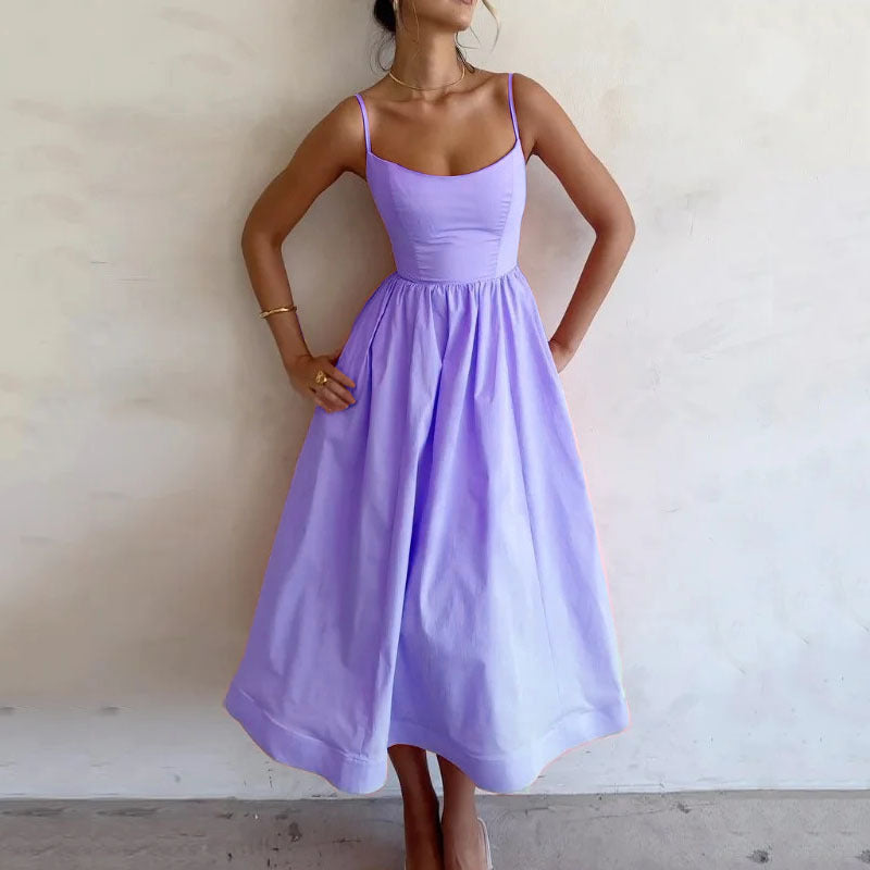 ALISON | Zomerse Midi Jurk Dames – Spaghettibandjes en Wijd Uitlopende Rok