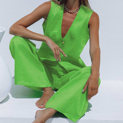 HAILEY | Two-Piece Set – Mouwloos Gilet & Wide-Leg Broek voor een Statement Zomerlook