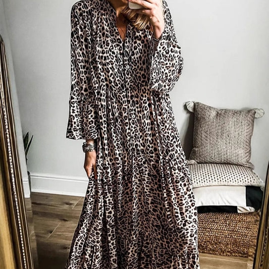ROXY | Chique Leopard Print Jurk voor Dames met Wijd Uitlopende Mouwen