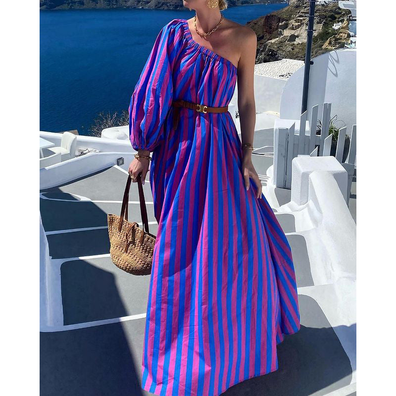 ROSELINE | One Shoulder Maxi Jurk – Stijlvolle Strepen & Zomerse Flair