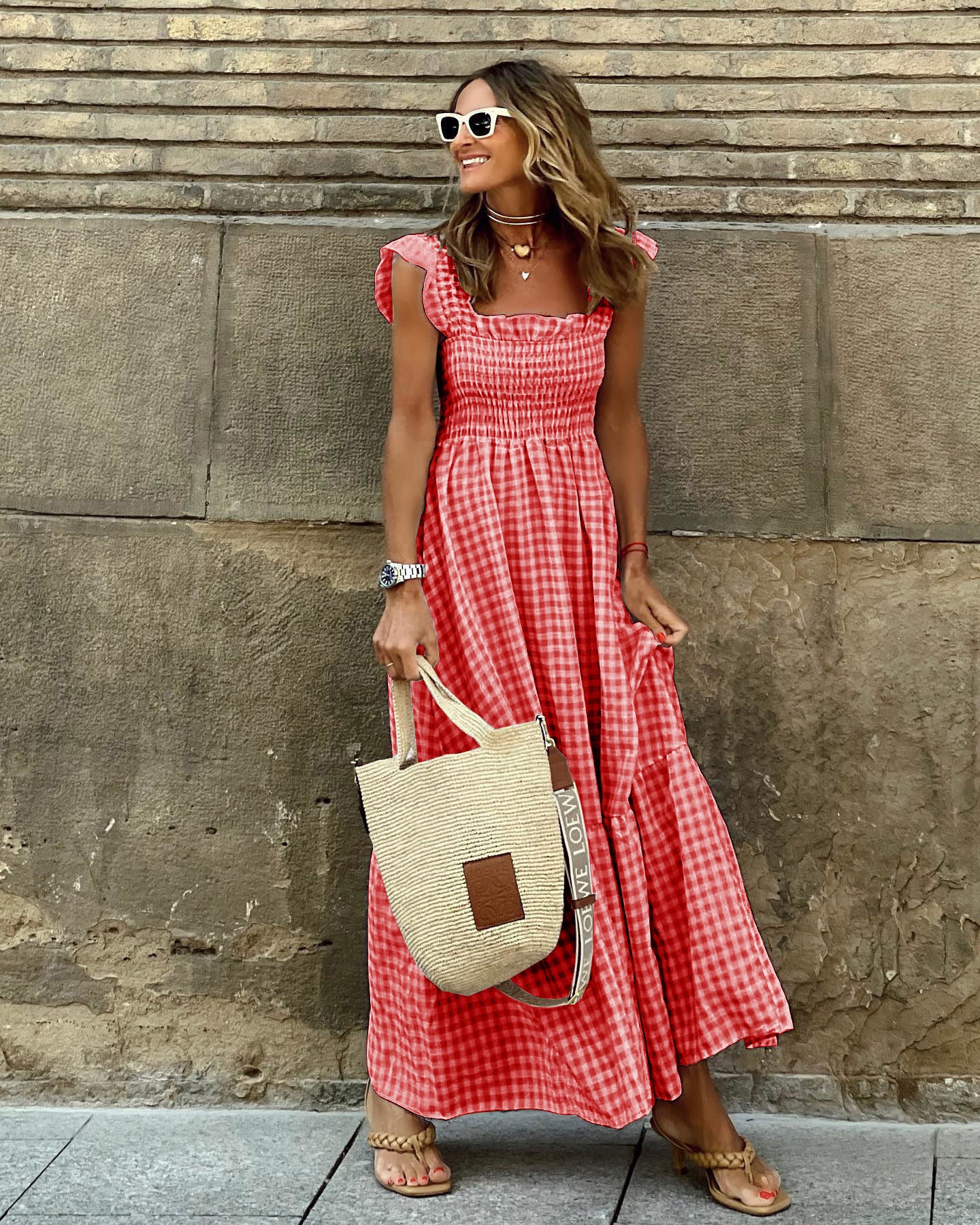 YNES | Geruite Maxi Jurk Dames - Zomerjurk met Ruches - Meerdere Kleuren