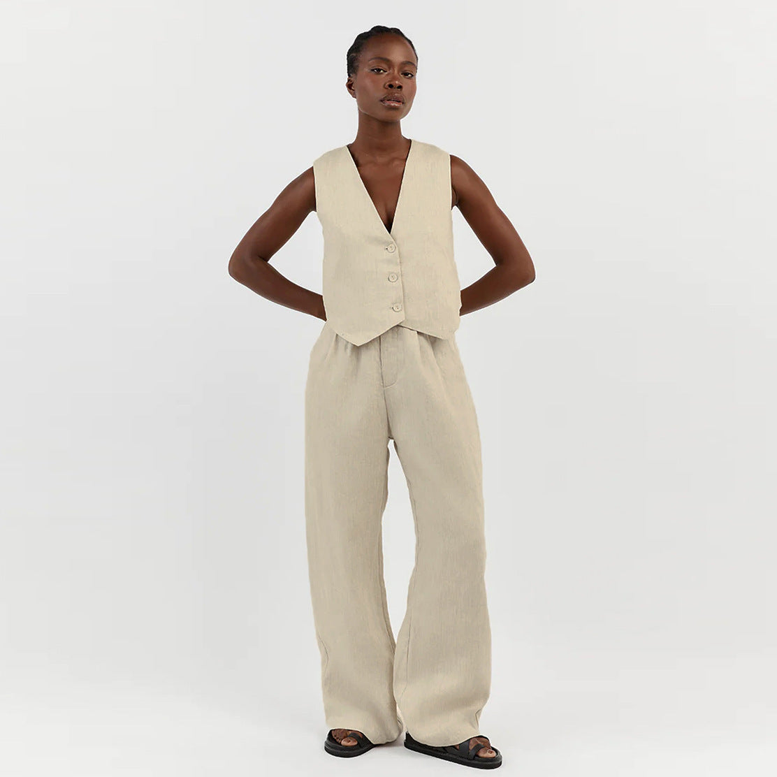 IVY | Linnenlook Two-Piece Set – Mouwloos Gilet & Wide-Leg Broek voor een Chic Zomerstatement