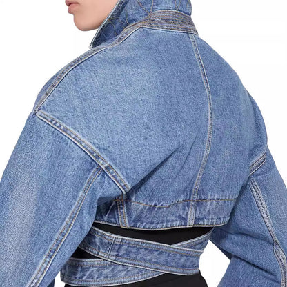 MIRRE | Trendy Denim Cropped Jacket met Riemdetail