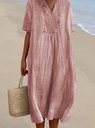 POLIEN | Luchtige Linnenlook Strandjurk Dames – Korte Mouwen & Losvallend Model