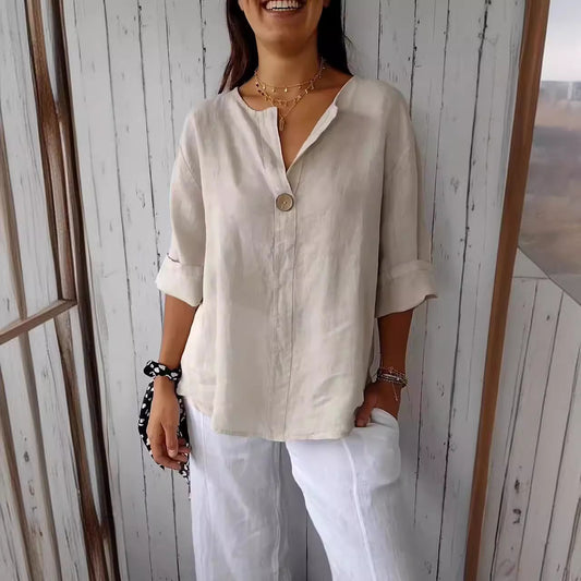 SILVIA | Linnen Blouse Dames met V-hals en Houten Knoop – Luchtige Zomer Top