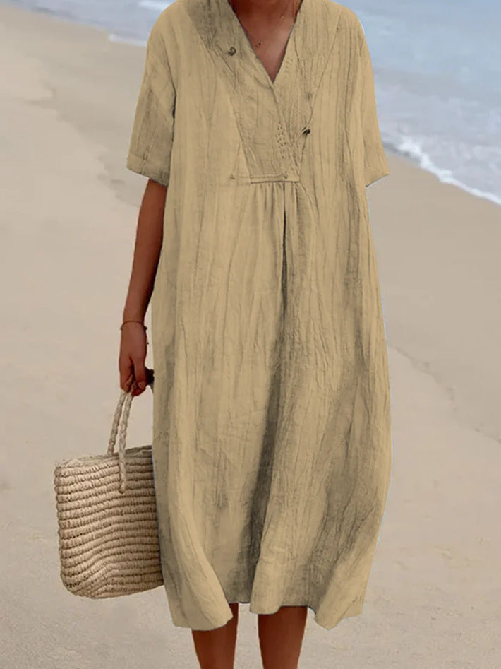 POLIEN | Luchtige Linnenlook Strandjurk Dames – Korte Mouwen & Losvallend Model