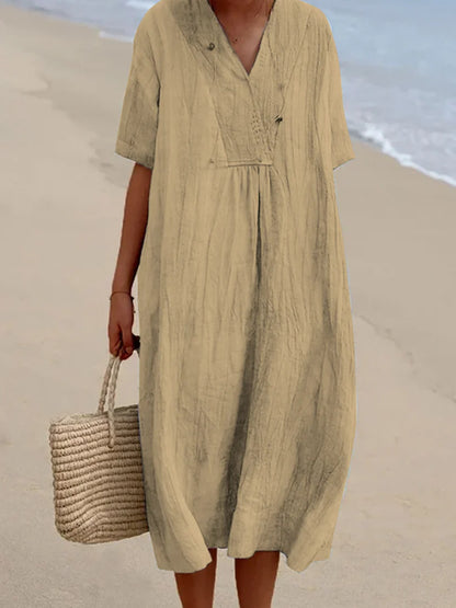 POLIEN | Luchtige Linnenlook Strandjurk Dames – Korte Mouwen & Losvallend Model