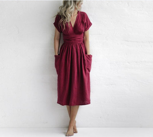 ROSALIEN | Linnen Midi Jurk met Overslag – Comfort & Elegantie in één
