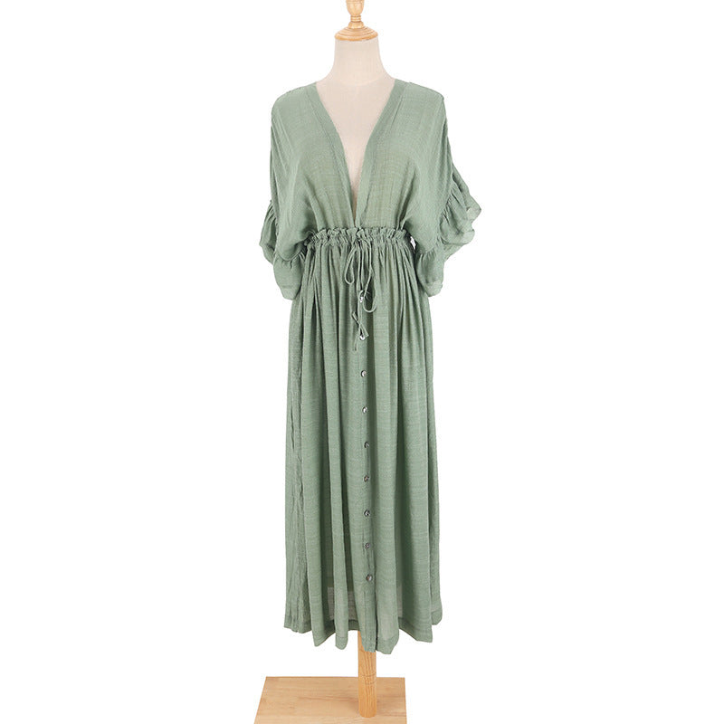 DANIELLE | Boho Maxi Jurk met Knoopsluiting – Roesjes & V-Hals