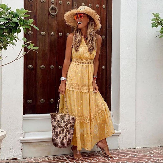 SHIRA | Zomerse Maxi Jurk Dames - Jurk met Kant en Stippen - Strandjurk