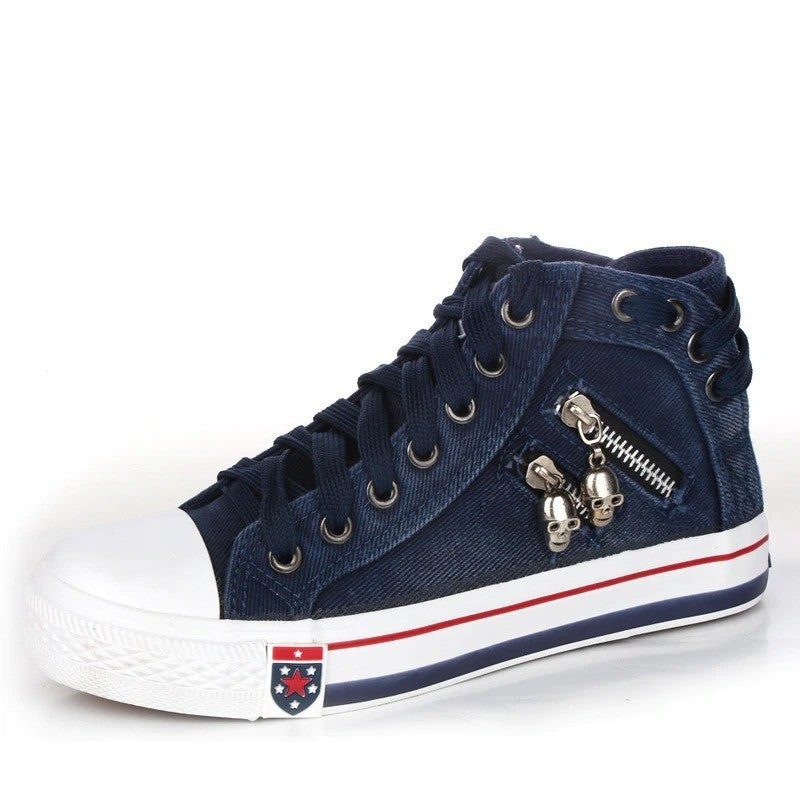 FREDERIQUE | High Top Denim Sneakers Dames met Skull Rits – Stoere Canvas Streetwear Schoenen