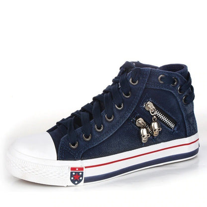 FREDERIQUE | High Top Denim Sneakers Dames met Skull Rits – Stoere Canvas Streetwear Schoenen