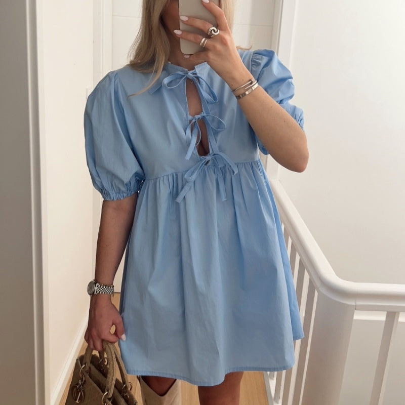 FIEKE | Boho Tie-Front Mini Jurk – Speelse Zomerlook met Pofmouw