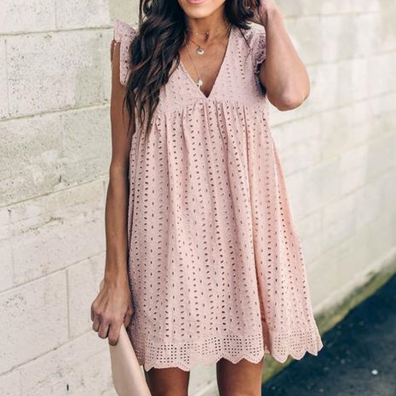 NAOMI | Luchtige Katoenen Zomerjurk – Broderie Look met V-Hals