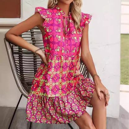 LAURIEN | Fuchsia Boho Zomerjurk – Kleurrijke Printjurk met Ruches
