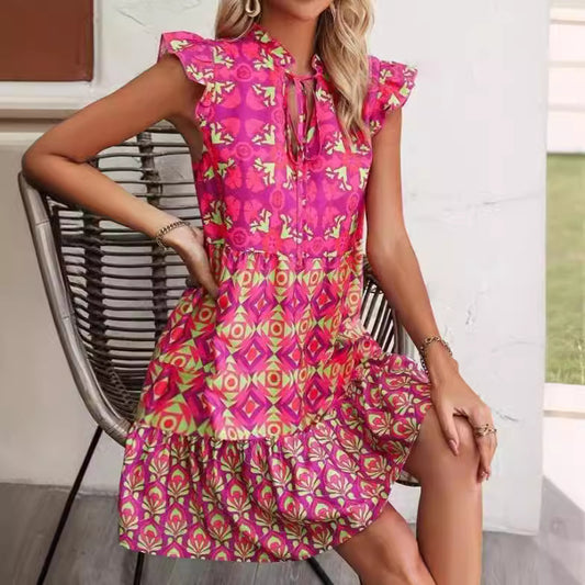 LAURIEN | Fuchsia Boho Zomerjurk – Kleurrijke Printjurk met Ruches