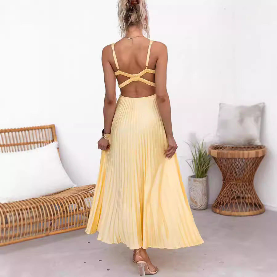 HANNE | Elegante Gele Plissé Maxi Jurk - Zomerjurk Dames