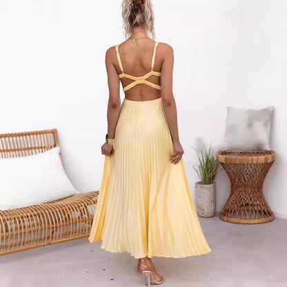 HANNE | Elegante Gele Plissé Maxi Jurk - Zomerjurk Dames
