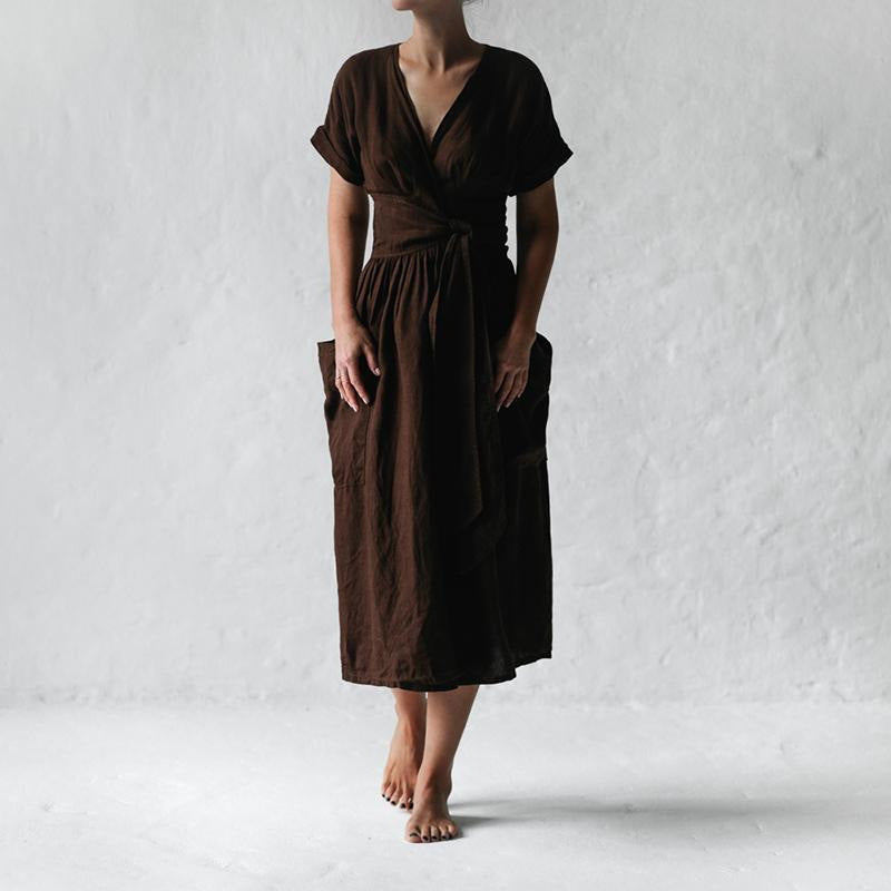 ROSALIEN | Linnen Midi Jurk met Overslag – Comfort & Elegantie in één