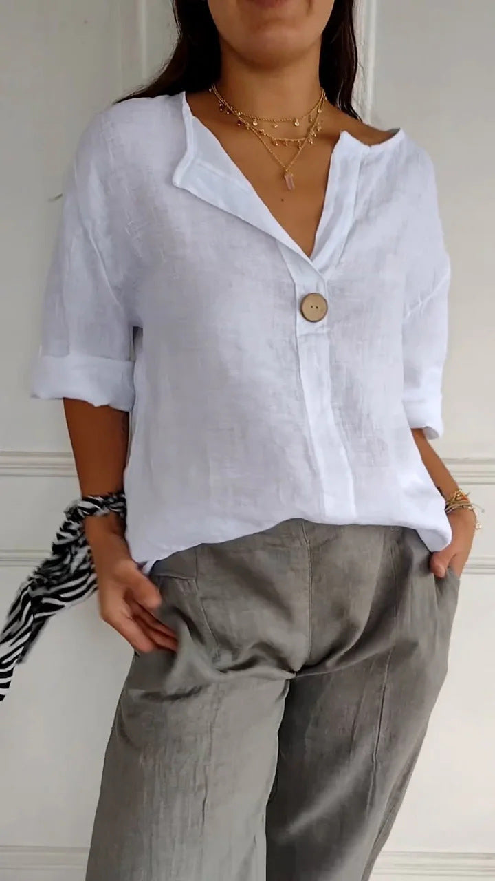 SILVIA | Linnen Blouse Dames met V-hals en Houten Knoop – Luchtige Zomer Top