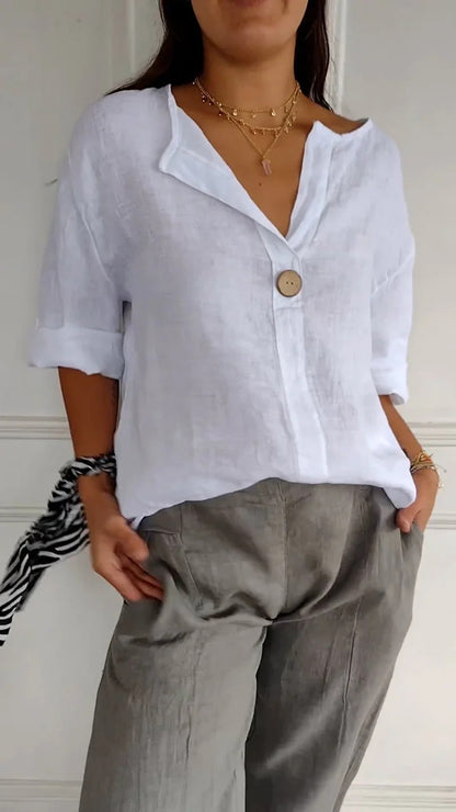 SILVIA | Linnen Blouse Dames met V-hals en Houten Knoop – Luchtige Zomer Top