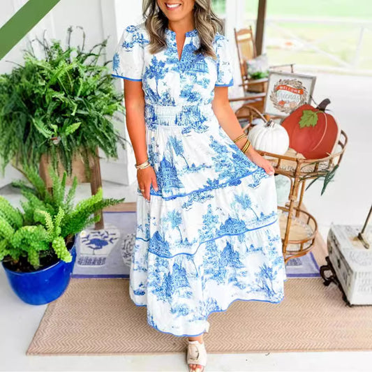KAROLINA | Katoenen Doorknoopjurk met Vintage Print – Kraag & Korte Mouw