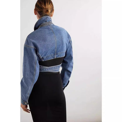 MIRRE | Trendy Denim Cropped Jacket met Riemdetail