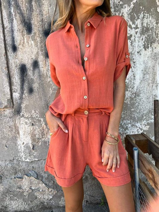 PLEUN | Linnenlook Co-ord Set – Zomerse Dames Blouse met Short in Meerdere Kleuren