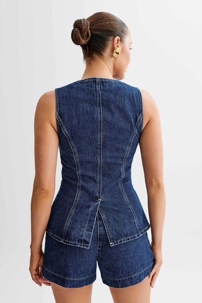 LINSEY |  Denim Gilet en Shorts Set Dames – Trendy Zomeroutfit van Stevig Denim