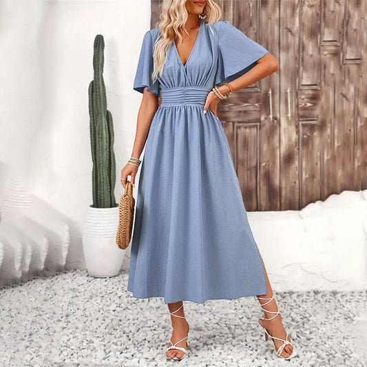 ROZA | Elegante Maxi Zomerjurk – Met V-hals en Taille Accent