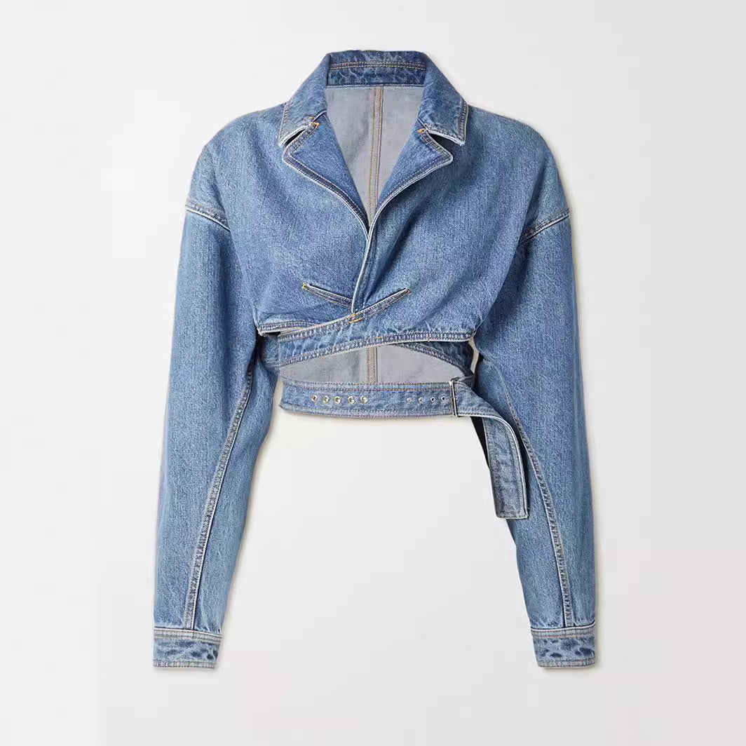MIRRE | Trendy Denim Cropped Jacket met Riemdetail
