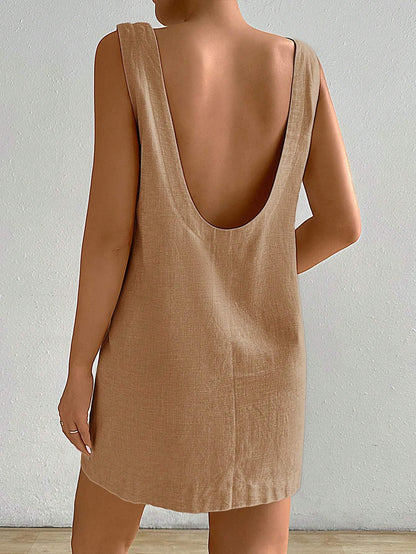ANNICK | Mini Jurk Diepe Rug - Zomerjurk Dames - Roze en Camel